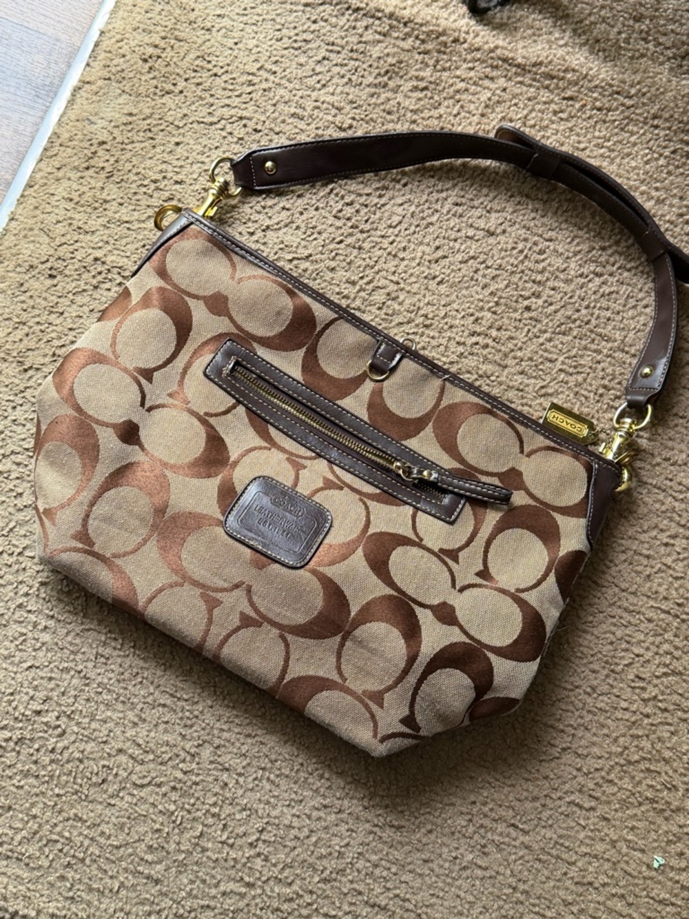Coach Tan and Brown Signature Canvas Shoulder Bag
